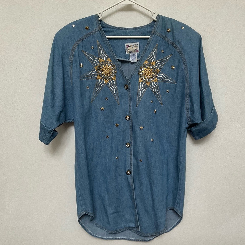 Monique Fashions Denim Cuffed Sleeve Celestial Beaded Jacket Size 8 Jewels